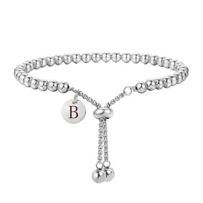 European and American INS Style Stainless Steel Simple Fashion 4MM Round Beads 26 Letters Round Smooth Pendant Adjustable Bracelet Wholesale