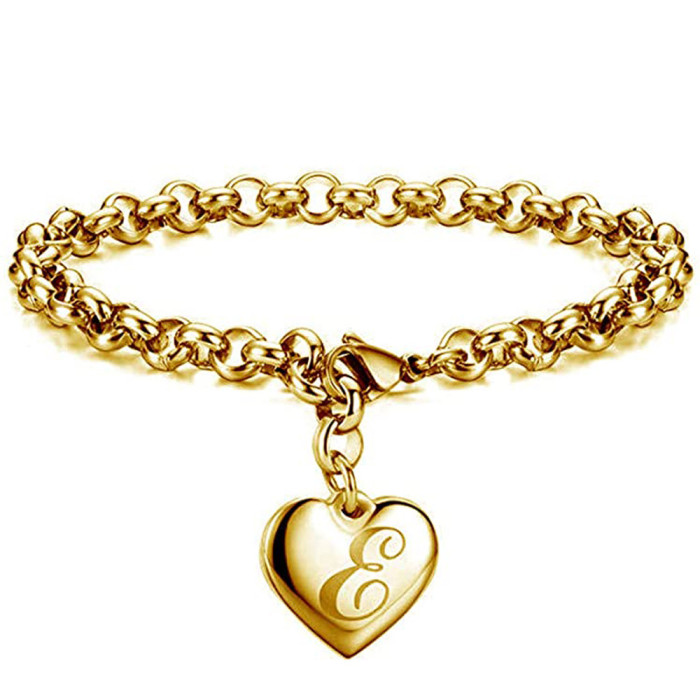 European and American New Style Simple Personality Titanium Steel Bracelet 26 Letters Fashion Stainless Steel O Chain Gold Bracelet Jewelry