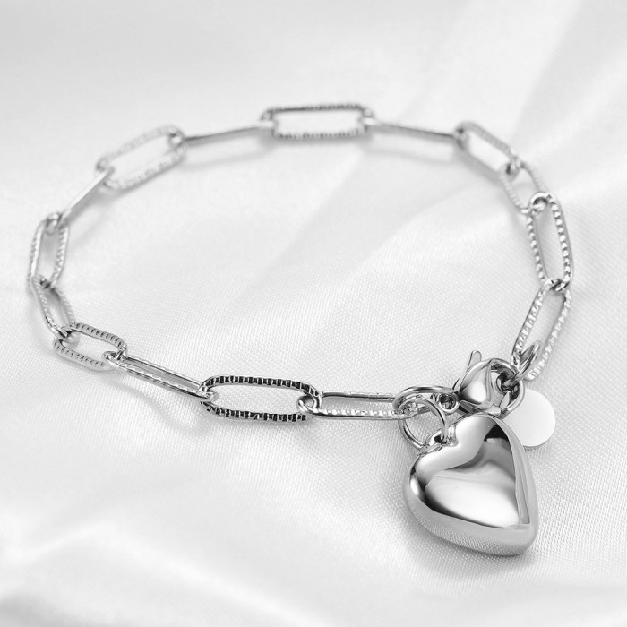European and American Cross-Border Hot Sale INS Rectangle Pin Chain Versatile Fashion Heart Round Pendant Stainless Steel Bracelet