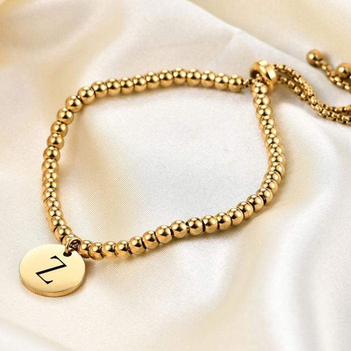 European and American Cross-Border 18K Gold Simple Stainless Steel Beaded Bracelet Adjustable 10MM Round Discs 26 English Letters for Women