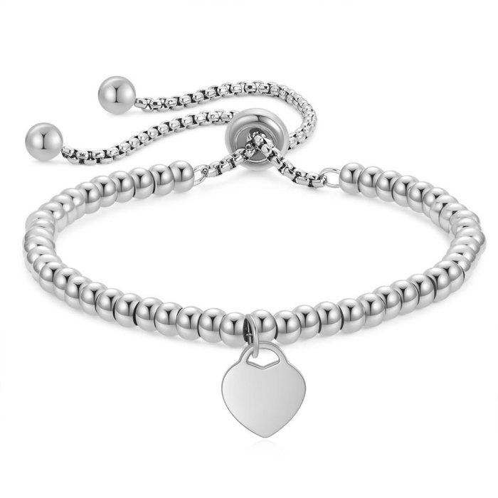 European and American New Style 4MM Stainless Steel Round Bead Chain Heart Shape Adjustable Stretchable Laser Logo Bracelet Wholesale Hot Sale
