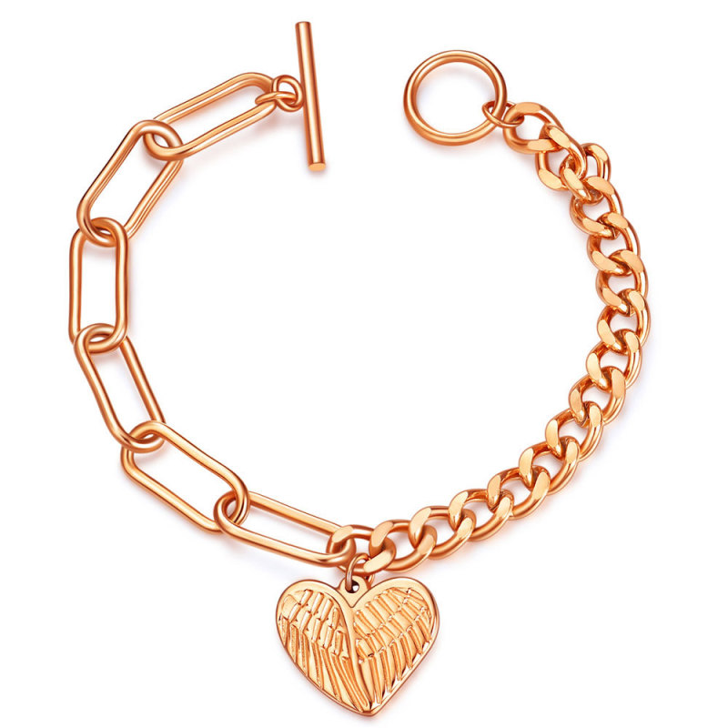 European and American Cross-Border Hot Sale Fashionable Personality Angel Wings Heart OT Chain Stainless Steel Titanium Steel Bracelet Wholesale for Men and Women