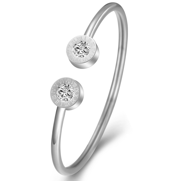 European and American Cross-Border Hot Sale 58MM Roman Numeral Bracelet Open Adjustable Stainless Steel Bracelet C-Shaped Inlaid with Diamonds Wholesale for Women