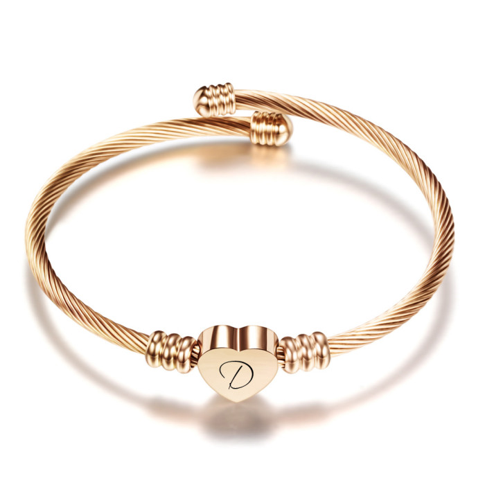 Cross-Border European and American 26 Letters Simple Stainless Steel Wire Braided Cable Line Titanium Steel Heart Fashion Women's Bracelet
