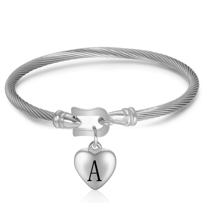 Cross-Border European and American Hot Selling Horseshoe Buckle Heart 26 English Letters Bracelet Titanium Steel Heart Simple Gift Bracelet for Women