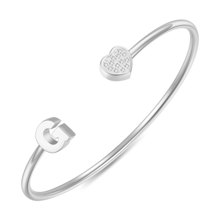 European and American Cross-Border New 26 English Letter Bracelet for Women with Zirconia Heart Open Stainless Steel Bracelet Fashionable and Simple