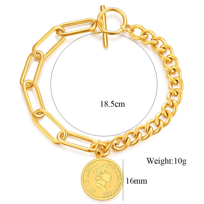 European and American Cross-Border INS Round Tag 16MM Coin OT Buckle Elizabeth Bracelet Hand-Engraved Logo Wholesale Hot Sale