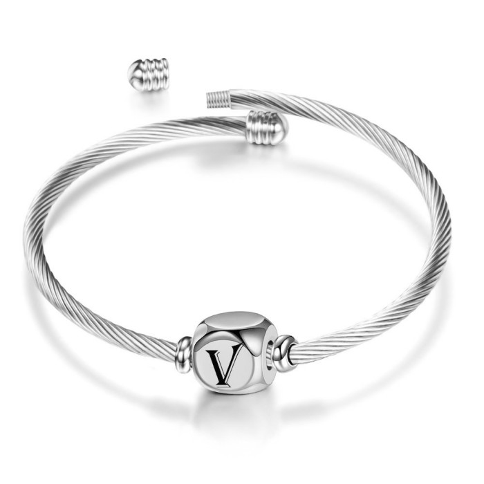 European and American Simple Stainless Steel Openable Bracelet Sieve 26 Letters Versatile Hot Sale Laser Logo Bracelet for Women