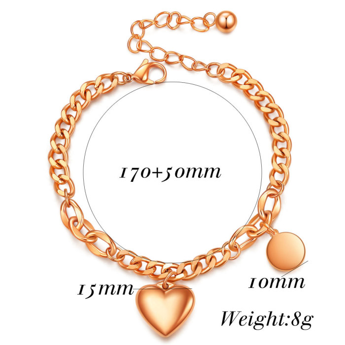 European and American Cross-Border New Fashion Retro Cuban Chain Heart Round Stainless Steel Engravable Adjustable Bracelet Wholesale for Women