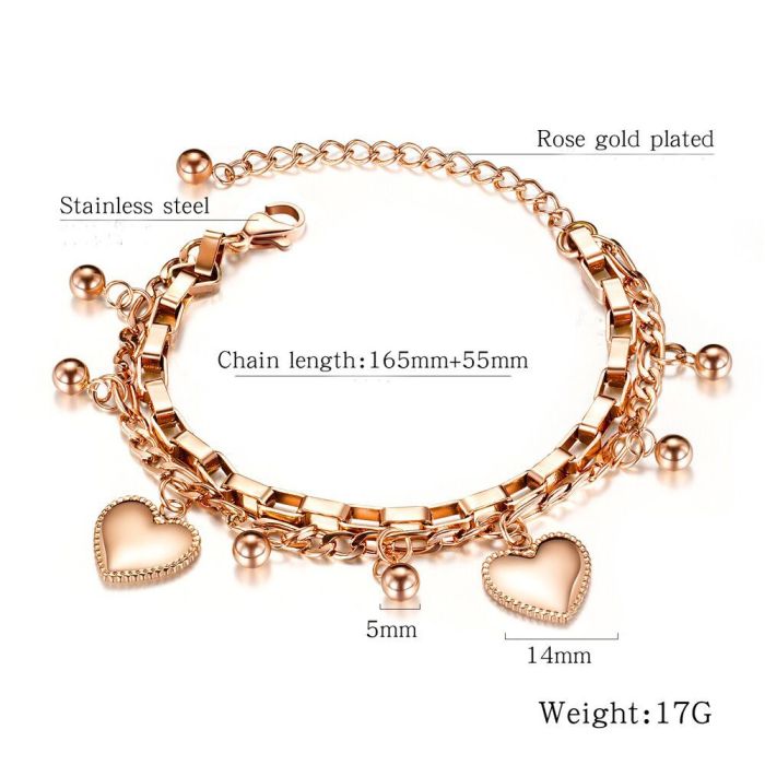 Cross-Border European and American Hot Selling Versatile Personality Multi-Layer Bracelet Heart Smooth Round Beads Stainless Steel Laser Logo Wholesale
