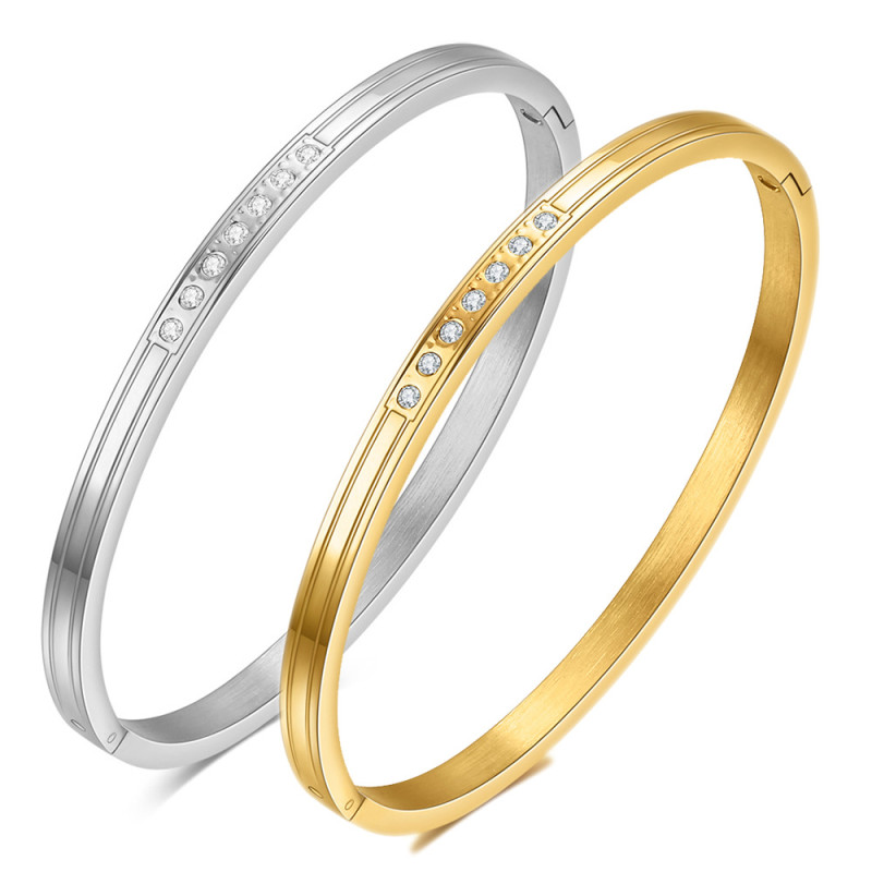 Cross-Border European and American New Simple Versatile 18K Gold Inlaid Zircon Couple Open Stainless Steel Titanium Steel Fashion Bracelet Wholesale