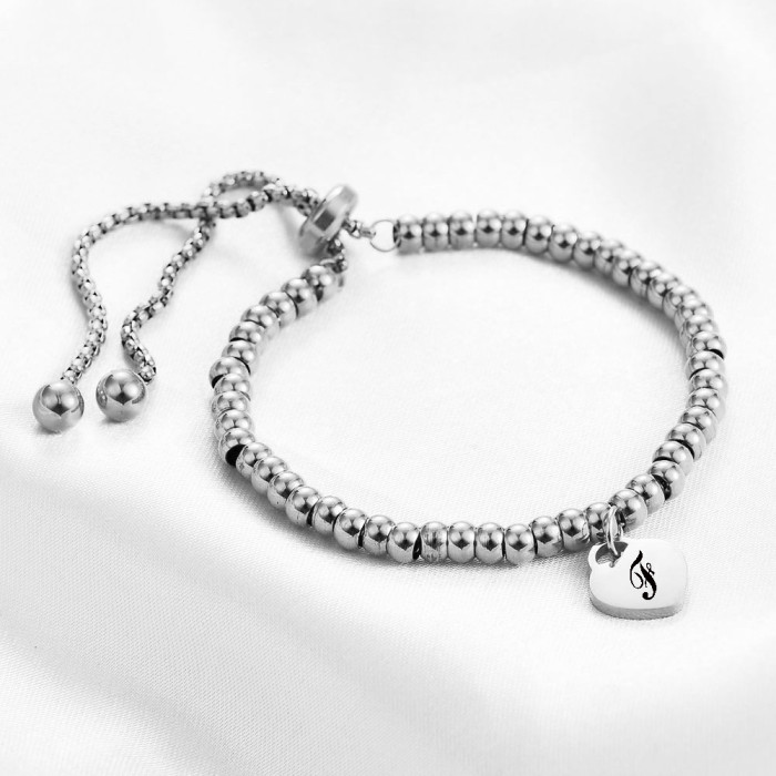 Cross-Border European and American 26 Letters Stainless Steel Simple Fashion Heart-Shaped Letter Tag Adjustable Round Bead Personalized Bracelet