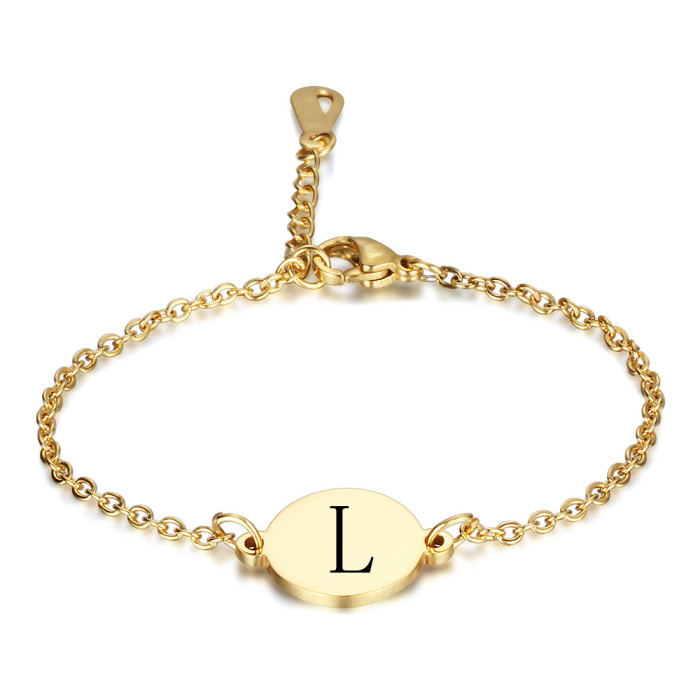 Oval 12MM Stainless Steel 26 English Letters Bracelet 18K Gold Engraved Letter Bracelet Fashion Jewelry Wholesale