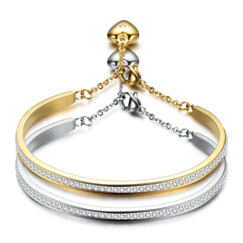 Cross-Border Amazon New European and American Style 4MM Single Row Diamond Inlaid 18K Gold Titanium Steel Bracelet Open Adjustable Heart Bracelet