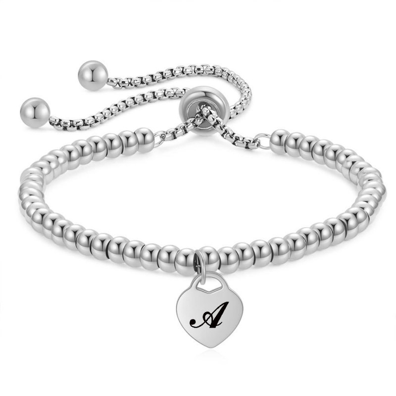 Cross-Border European and American 26 Letters Stainless Steel Simple Fashion Heart-Shaped Letter Tag Adjustable Round Bead Personalized Bracelet
