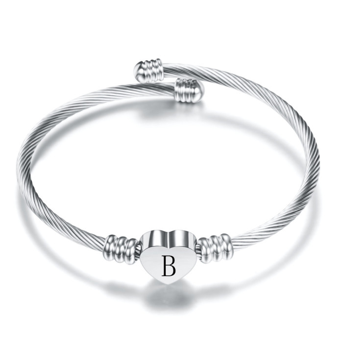 26 Letters Stainless Steel Bracelet Simple Personality Titanium Steel Heart Letter Bracelet Open Women Heart Versatile Bracelet