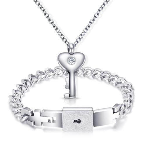 Cross-Border European and American Soaring to the Sky 2 Same Style Chen Fala Couple's Heart Lock Bracelet Necklace Titanium Steel Fashion Set for Women