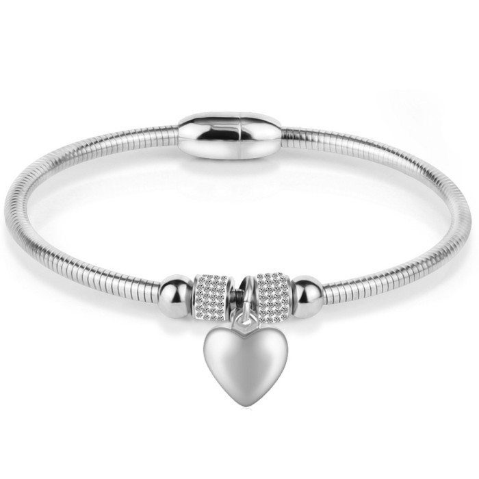 European and American Cross-Border 3MM Simple Fashion Heart Shaped Smooth Diamond-Studded Stainless Steel Bracelet with Magnetic Clasp, Engravable Logo for Women
