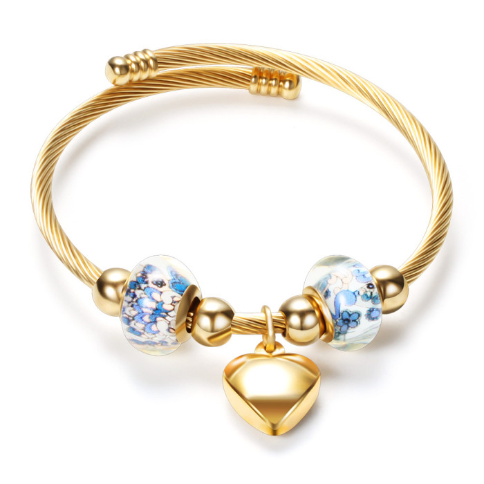 DIY Beaded Stainless Steel Bracelet European and American Cross-Border Hot Sale INS Women's Titanium Steel Bracelet Open Heart Bracelet Wholesale