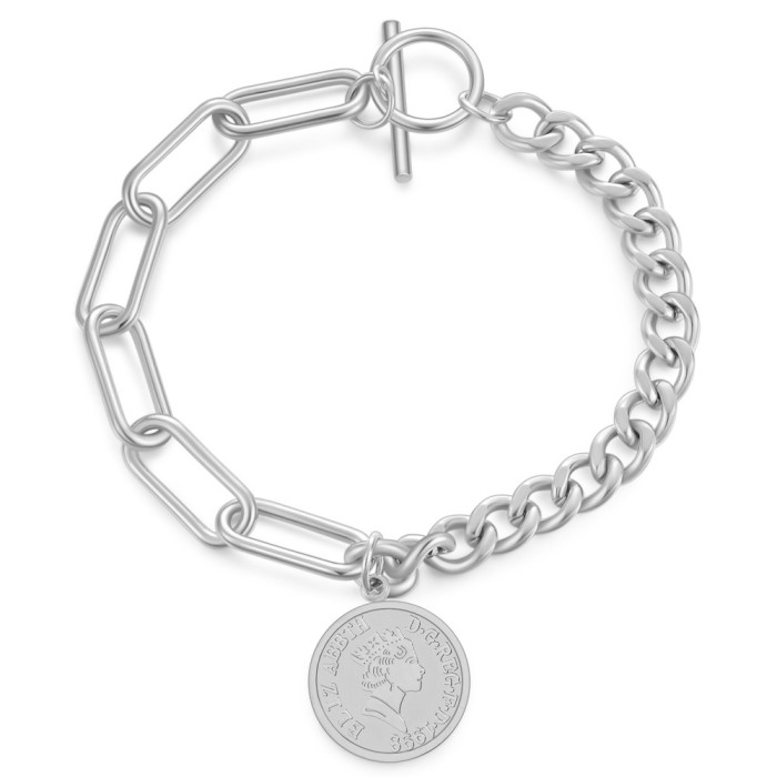 European and American Cross-Border INS Round Tag 16MM Coin OT Buckle Elizabeth Bracelet Hand-Engraved Logo Wholesale Hot Sale