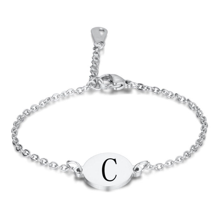 Cross-Border European and American Round 19MM Stainless Steel 26 English Letters Bracelet Titanium Steel Simple Versatile Bracelet for Women Wholesale
