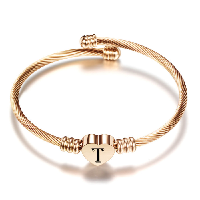 Stainless Steel Braided Bracelet Vintage Cable Line Titanium Steel Heart Bracelet Rose Gold Fashion Sieve 26 Letter Bracelet