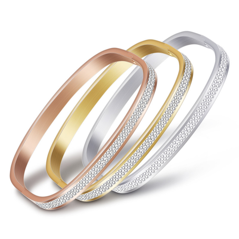European and American Cross-Border Hot Sale Diamond-Studded Square Stainless Steel Bracelet 6MM Open 2-Row Diamond-Studded Geometric Titanium Steel Bracelet Wholesale