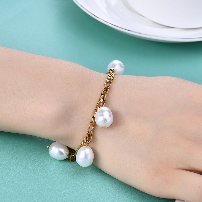 European and American INS Influencer Style Figaro Chain Bracelet Imitation Pearl Bracelet Gold Plated 316L Stainless Steel Bracelet Wholesale
