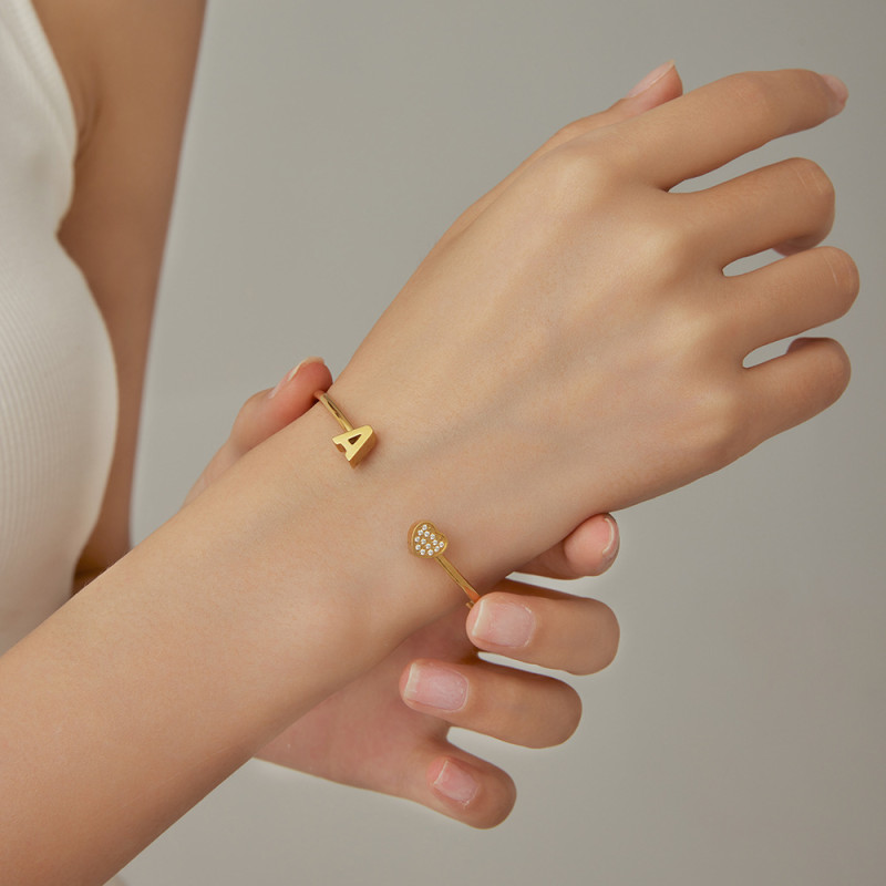 European and American Cross-Border New 26 English Letter Bracelet for Women with Zirconia Heart Open Stainless Steel Bracelet Fashionable and Simple