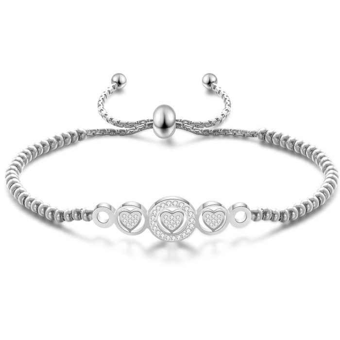 European and American Cross-Border Hot Sale Adjustable Diamond-Studded Heart Round Bead Fashion Simple Versatile Stainless Steel Titanium Steel Bracelet Wholesale