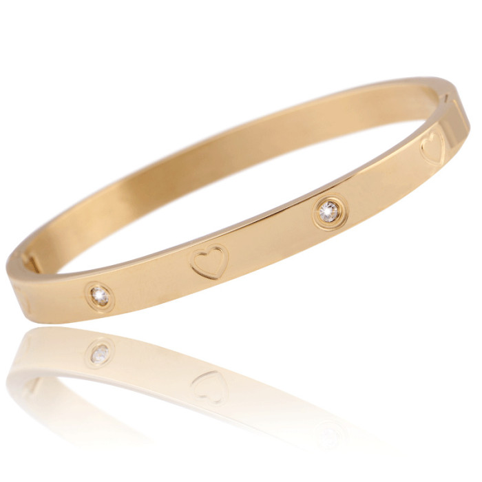 Manufacturer Wholesale European and American 6MM Simple Fashion Titanium Steel Three-Color Heart Inlaid Diamond Stainless Steel Bracelet Hot Sale for Women
