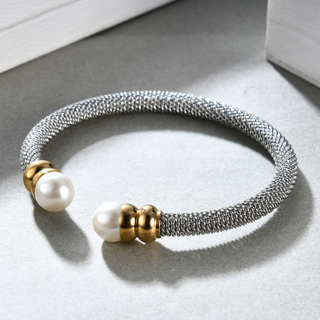 European and American Cross-Border Hot Sale Simple 5MM Cable Pearl Bracelet Fashion Stainless Steel Accessories Two-Tone Electroplating Wholesale
