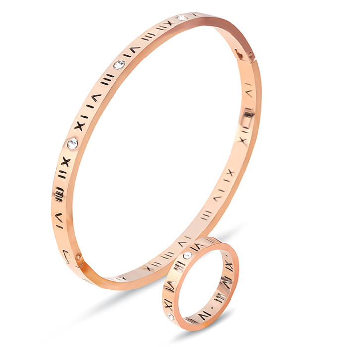 European and American Amazon Hot Sale 304 Stainless Steel Roman Numeral Bracelet Ring Set with Inlaid Diamonds Hollow Set Wholesale