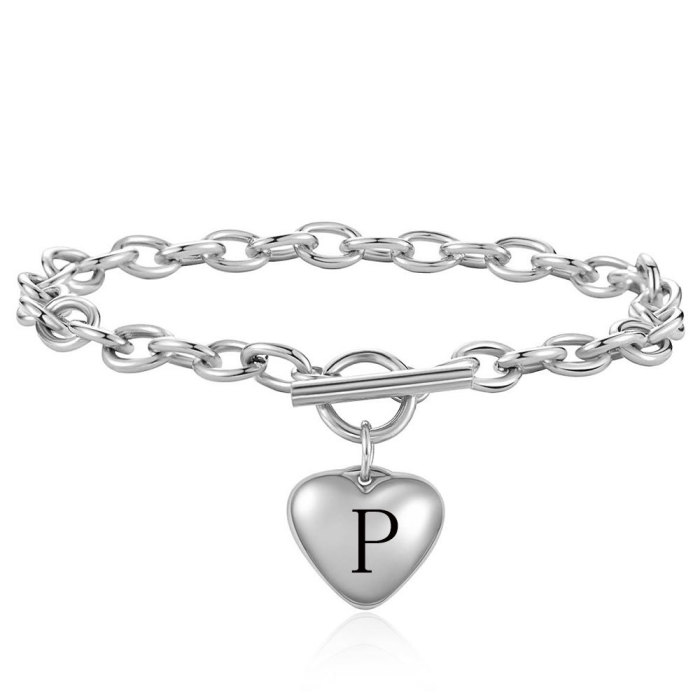 European and American Cross-Border Fashion Simple Stainless Steel 26 Letters Heart Titanium Steel Pendant OT Buckle Bracelet Laser Logo Available
