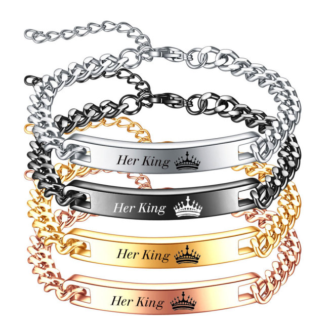 Her KingHis Queen Crown Lucky Slogan 7MM Smooth Stainless Steel Couple Personality Bracelet Wholesale for Women