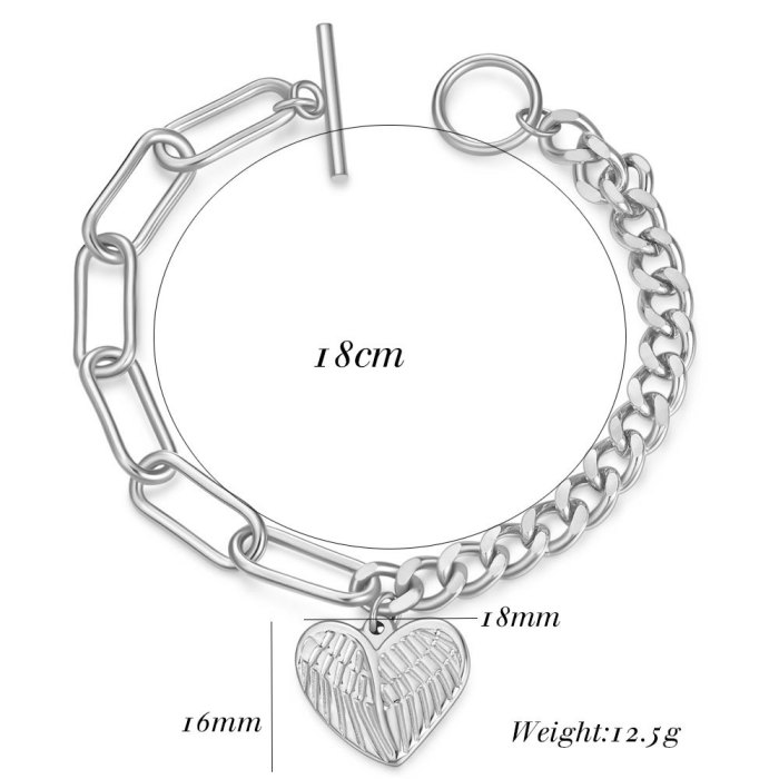 European and American Cross-Border Hot Sale Fashionable Personality Angel Wings Heart OT Chain Stainless Steel Titanium Steel Bracelet Wholesale for Men and Women