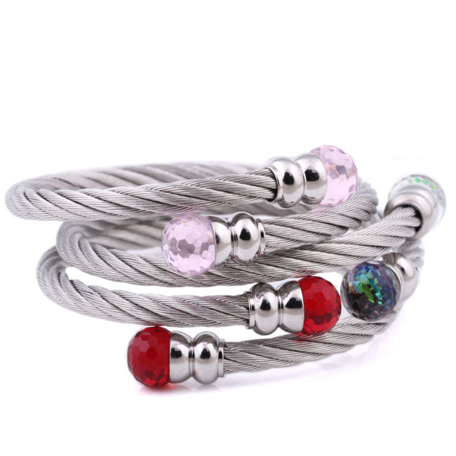 Manufacturer Wholesale Stainless Steel 5MM Inlaid Three-Color Crystal Beads Titanium Steel Cable Bracelet Fashion Simple Jewelry for Women