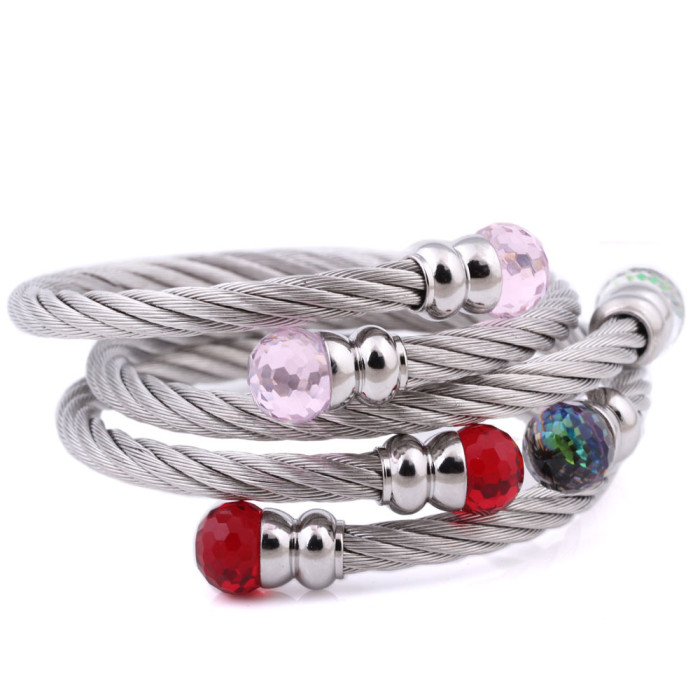 Manufacturer Wholesale Stainless Steel 5MM Inlaid Three-Color Crystal Beads Titanium Steel Cable Bracelet Fashion Simple Jewelry for Women