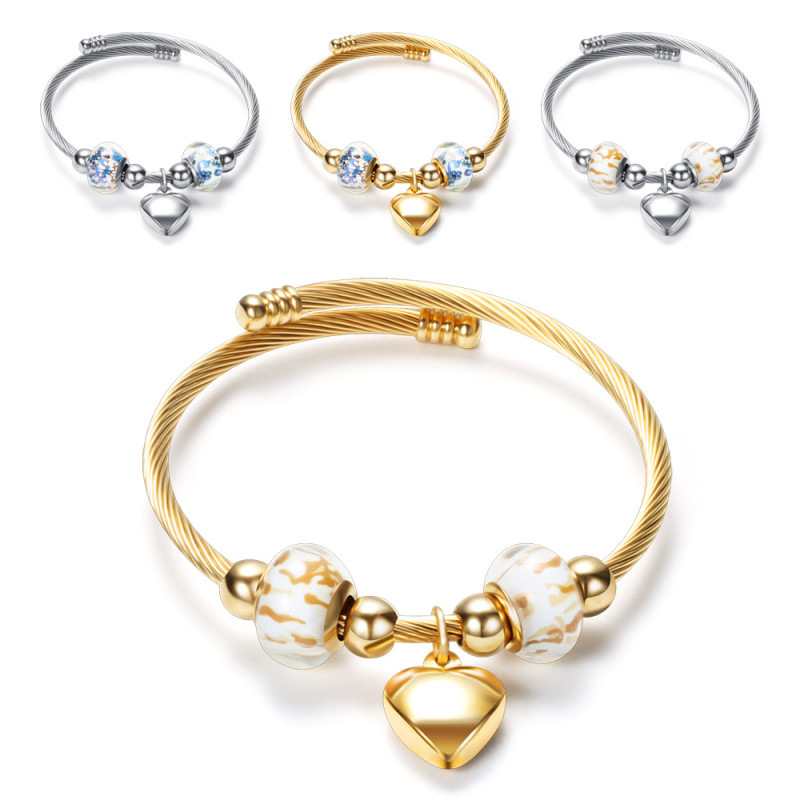 DIY Beaded Stainless Steel Bracelet European and American Cross-Border Hot Sale INS Women's Titanium Steel Bracelet Open Heart Bracelet Wholesale