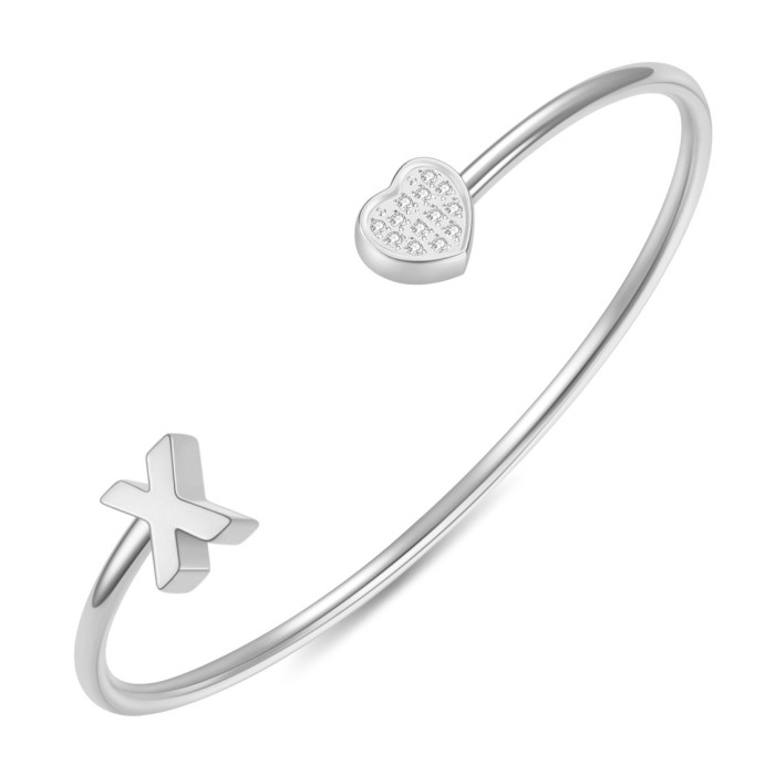 European and American Cross-Border New 26 English Letter Bracelet for Women with Zirconia Heart Open Stainless Steel Bracelet Fashionable and Simple