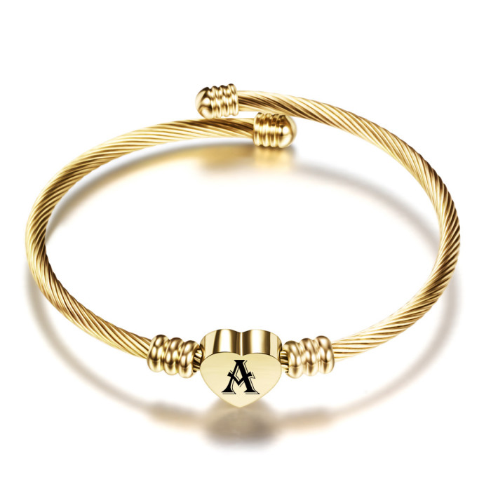 European and American Amazon Gold 26 Letter Sieve Stainless Steel 18K Gold Cable Wire Titanium Steel Heart Bracelet Wholesale for Women