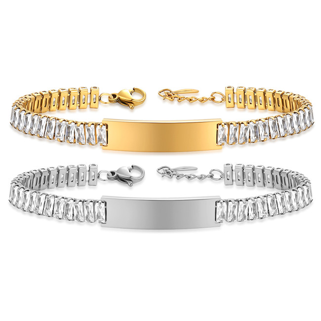European and American Cross-Border New Stainless Steel 9MM Smooth Laser Engraving Logo Couple Zircon Bracelet Versatile for Women