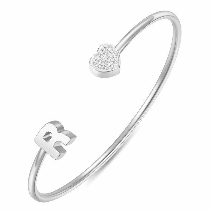European and American Cross-Border New 26 English Letter Bracelet for Women with Zirconia Heart Open Stainless Steel Bracelet Fashionable and Simple