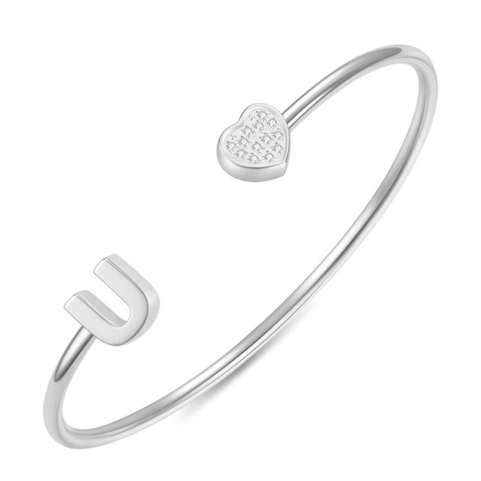 European and American Cross-Border New 26 English Letter Bracelet for Women with Zirconia Heart Open Stainless Steel Bracelet Fashionable and Simple