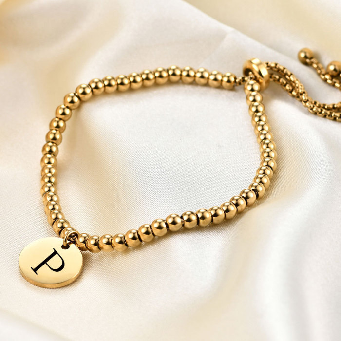 European and American Cross-Border 18K Gold Simple Stainless Steel Beaded Bracelet Adjustable 10MM Round Discs 26 English Letters for Women