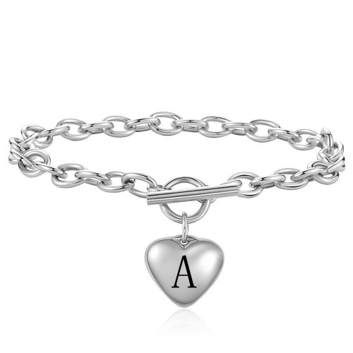 European and American Cross-Border Fashion Simple Stainless Steel 26 Letters Heart Titanium Steel Pendant OT Buckle Bracelet Laser Logo Available