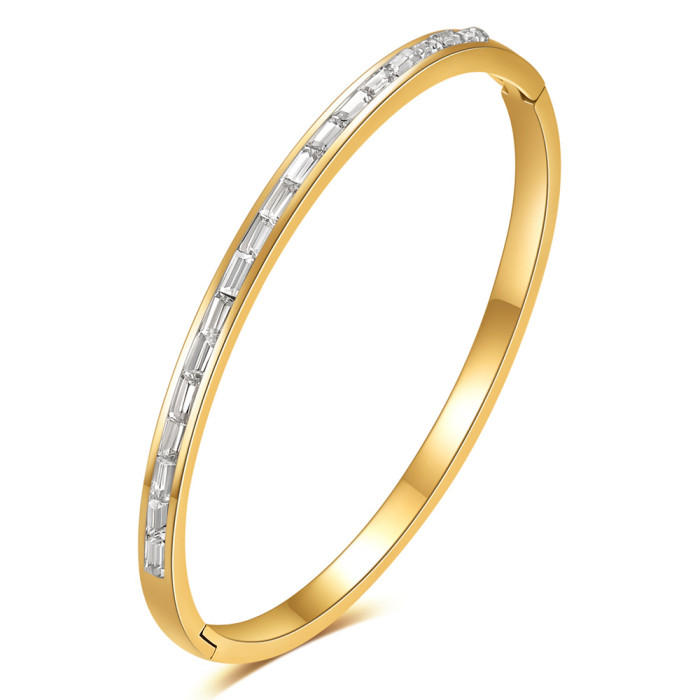 European and American Cross-Border Fashion INS Simple 4MM Long Bar Zircon Inlaid Stainless Steel Round Open Bracelet Titanium Steel Bracelet Wholesale