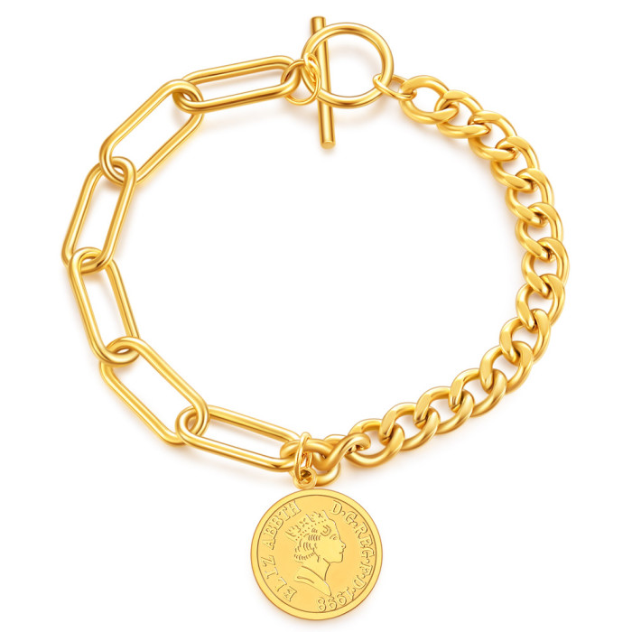 European and American Cross-Border INS Round Tag 16MM Coin OT Buckle Elizabeth Bracelet Hand-Engraved Logo Wholesale Hot Sale
