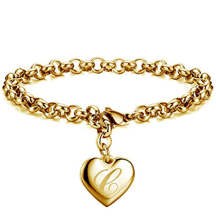 European and American New Style Simple Personality Titanium Steel Bracelet 26 Letters Fashion Stainless Steel O Chain Gold Bracelet Jewelry