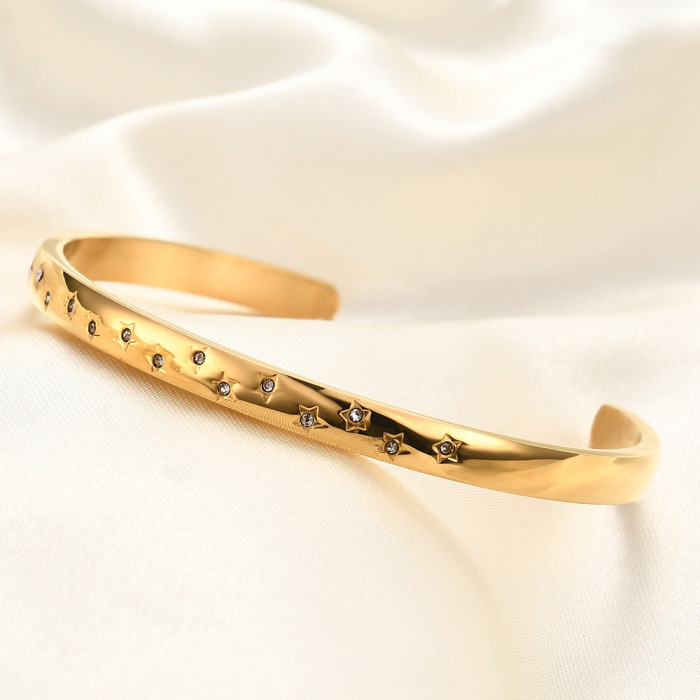 Cross-Border European and American INS New Fashion Versatile 5MM Star Inlaid Diamond 18K Gold 304 Stainless Steel Titanium Steel Bracelet Wholesale